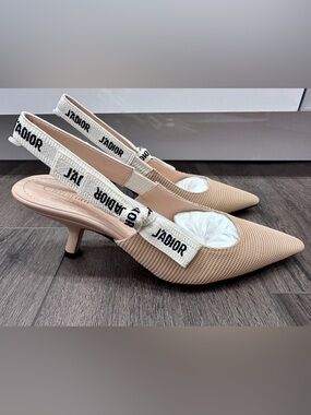 CHRISTIAN DIOR J'ADIOR FABRIC & RIBBON BEIGE KITTEN HEEL SHOES SLINGBACKS 37